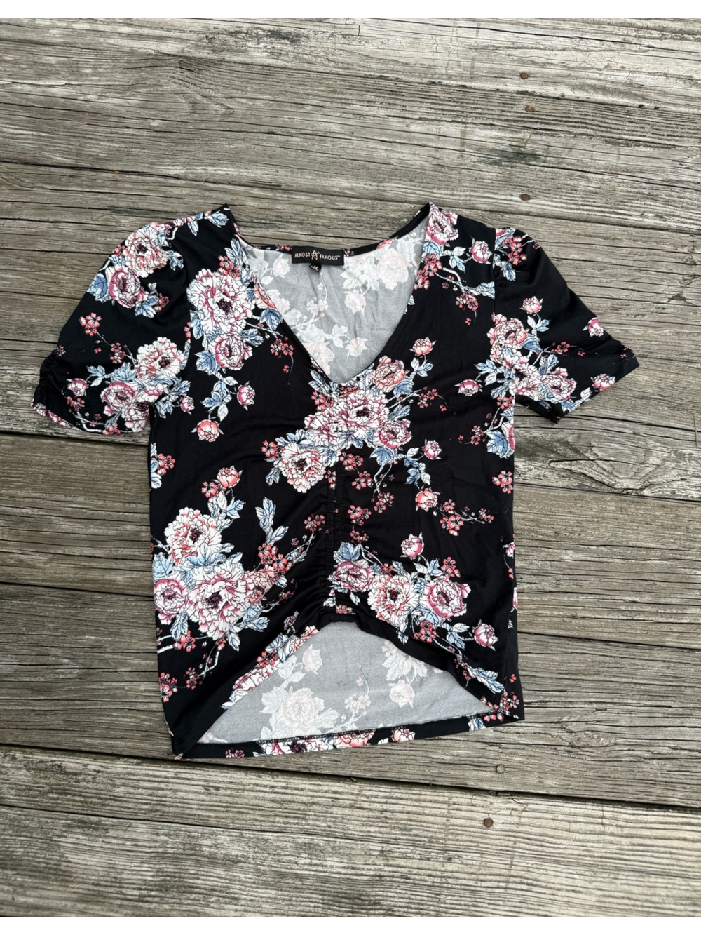Almost Famous Black Floral Cinched Crop Top